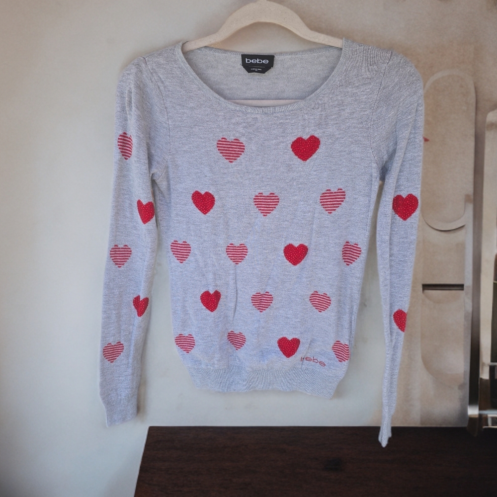 Bebe Gray Sweater with Red Heart Pattern Size XS